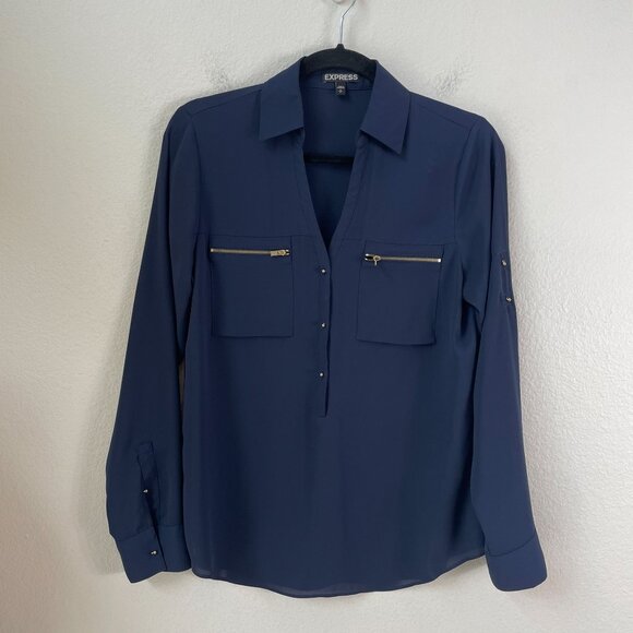 Express Womens Small Navy Blue Roll Tab Sleeve Blouse Zip Pockets Pullover Shirt - Picture 1 of 7